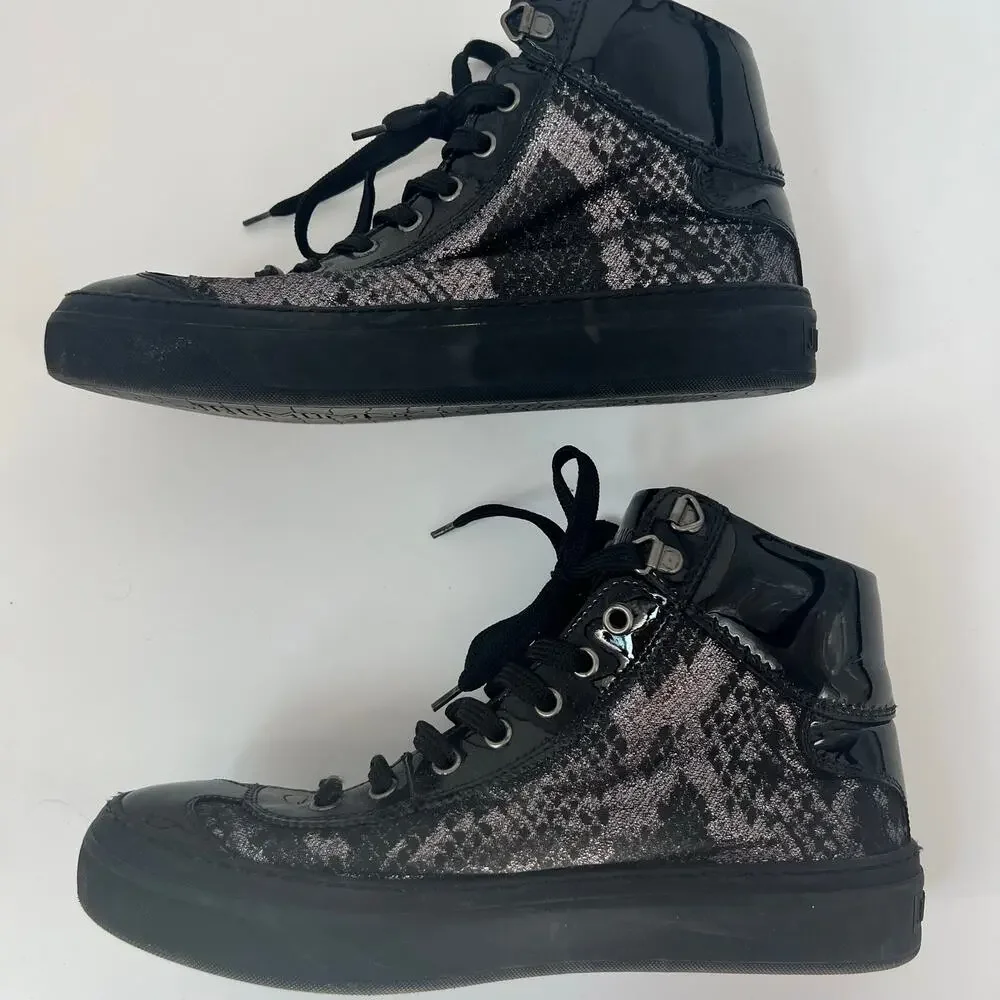 Jimmy Choo Black & Silver Snakeskin Patent Leather High Top Sneakers 39.5